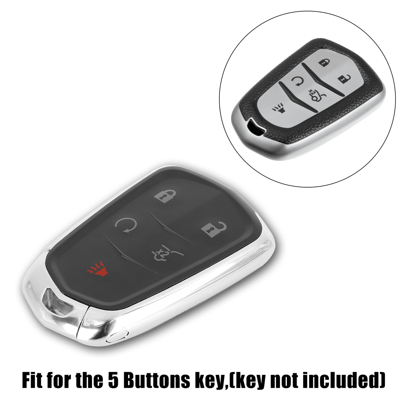 X AUTOHAUX Car Key Fob Cover 5 Button Remote Key Fob Case Faux Leather Pattern TPU Full Protector Silver Tone for Cadillac XT5 2017-2020 for Cadillac ATS XTS XT6