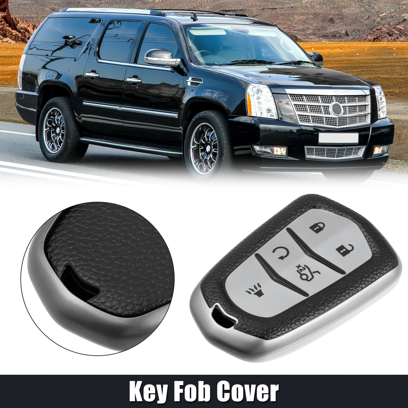 X AUTOHAUX Car Key Fob Cover 5 Button Remote Key Fob Case Faux Leather Pattern TPU Full Protector Silver Tone for Cadillac XT5 2017-2020 for Cadillac ATS XTS XT6