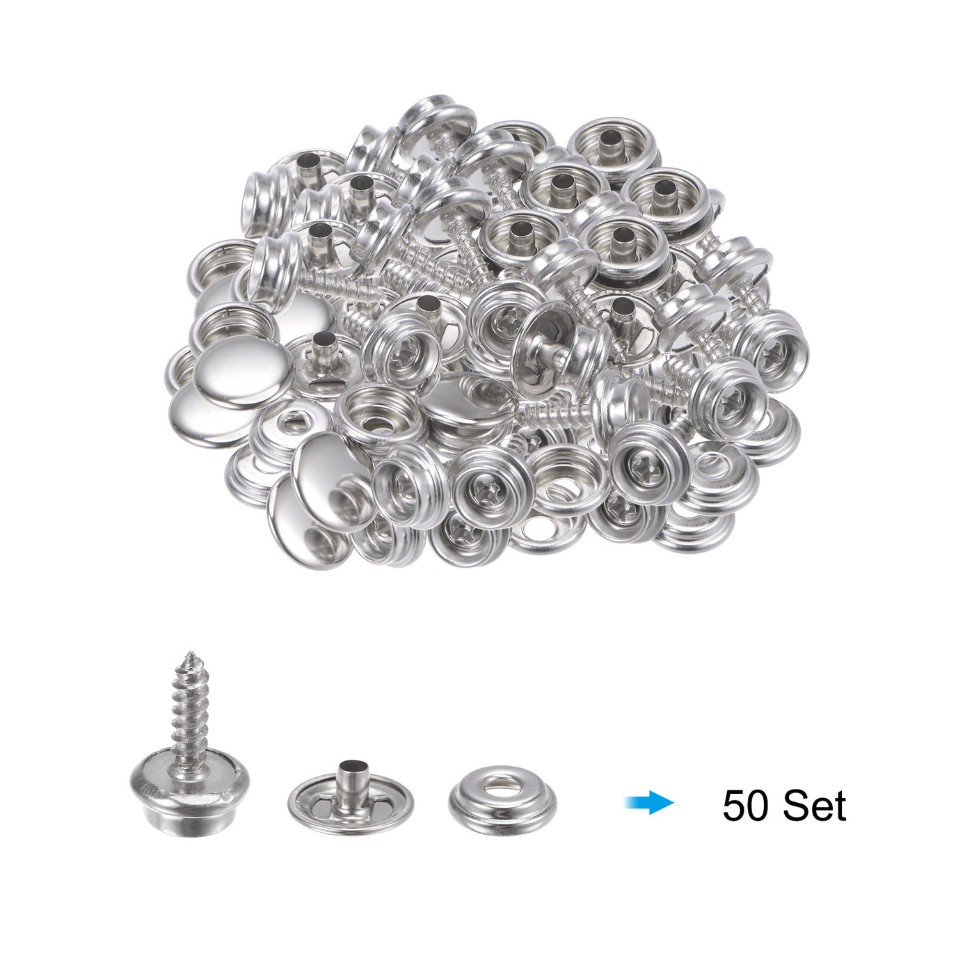 Harfington 50 Sets Screw Snap Kit Stainless Steel Snaps Button 15mm Silver Tone