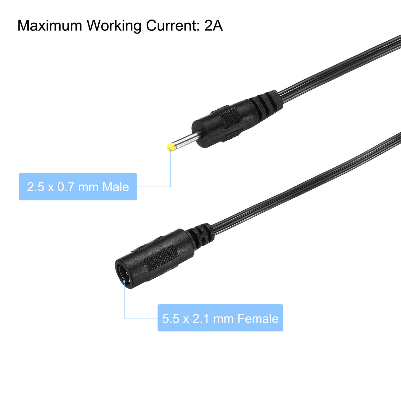 Harfington 2Pcs DC 5.5x2.1mm Female to 2.5x0.7mm Male Extension Cable Adapter Cord Black