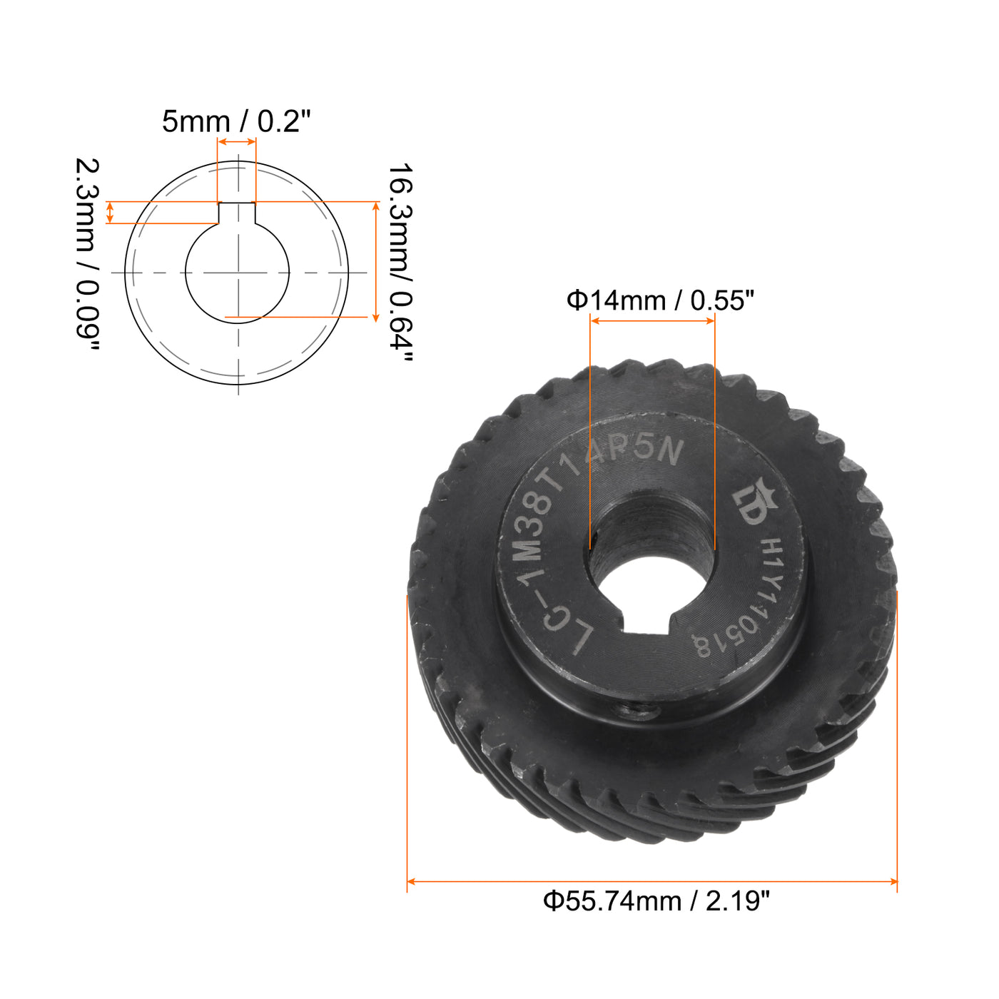 Harfington Helical Gear with Keyway 14mm ID 38T 1 Mod 45# Steel Motor Gear, Left Direction