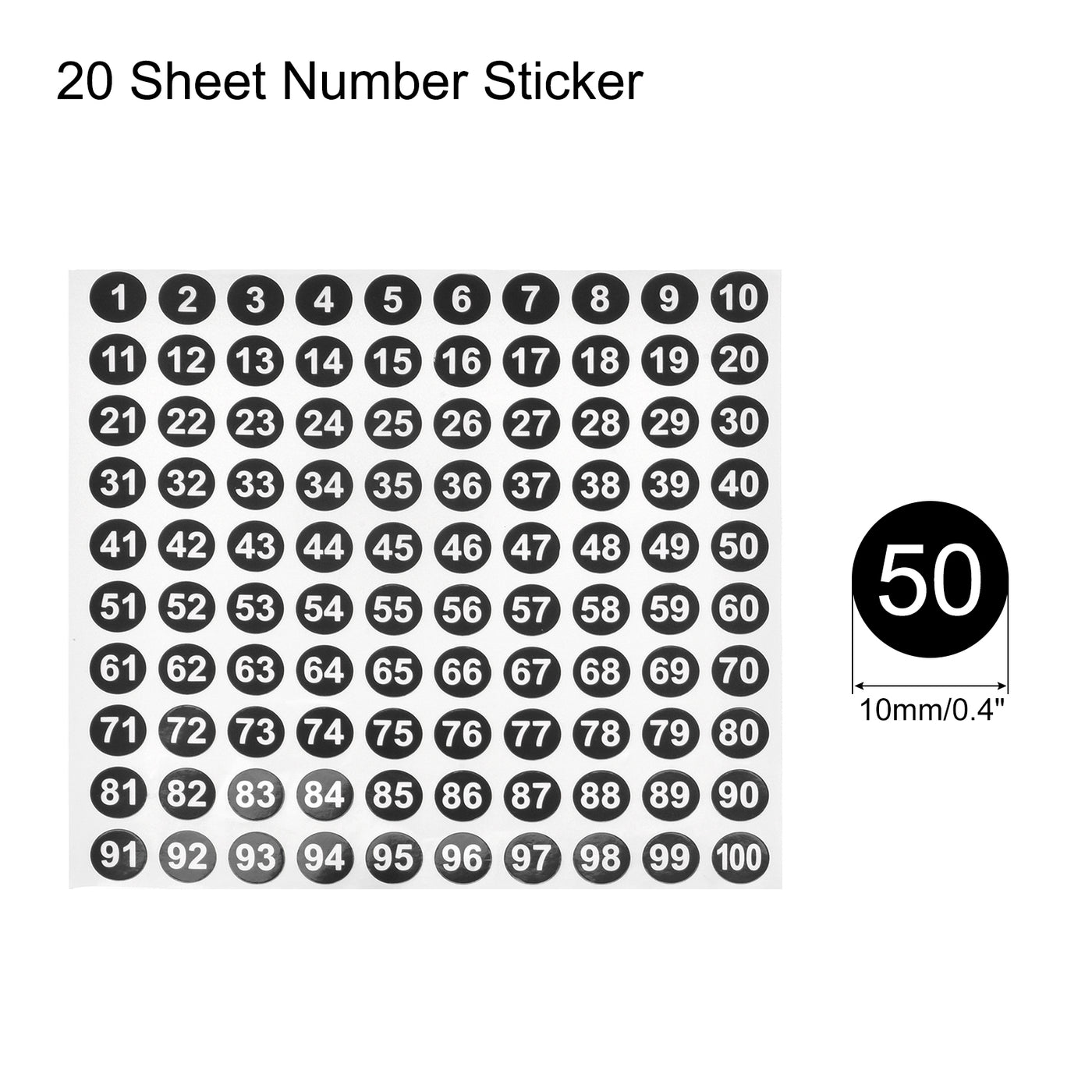 Harfington Number Stickers, 1-100 Round Number Labels Vinyl Sticker White on Black for Sorting Boxes Lockers, 20 Sheets