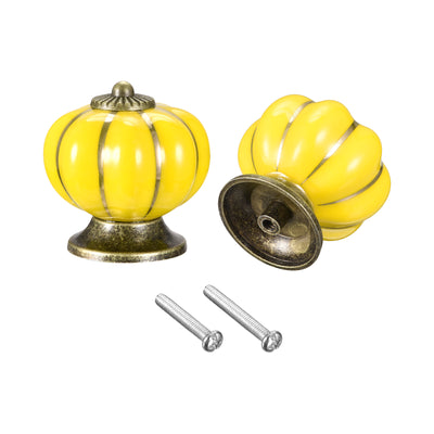 uxcell Uxcell 40x40mm Pumpkin Shape Vintage Ceramic Drawer Knobs for Dresser Yellow 2Pcs