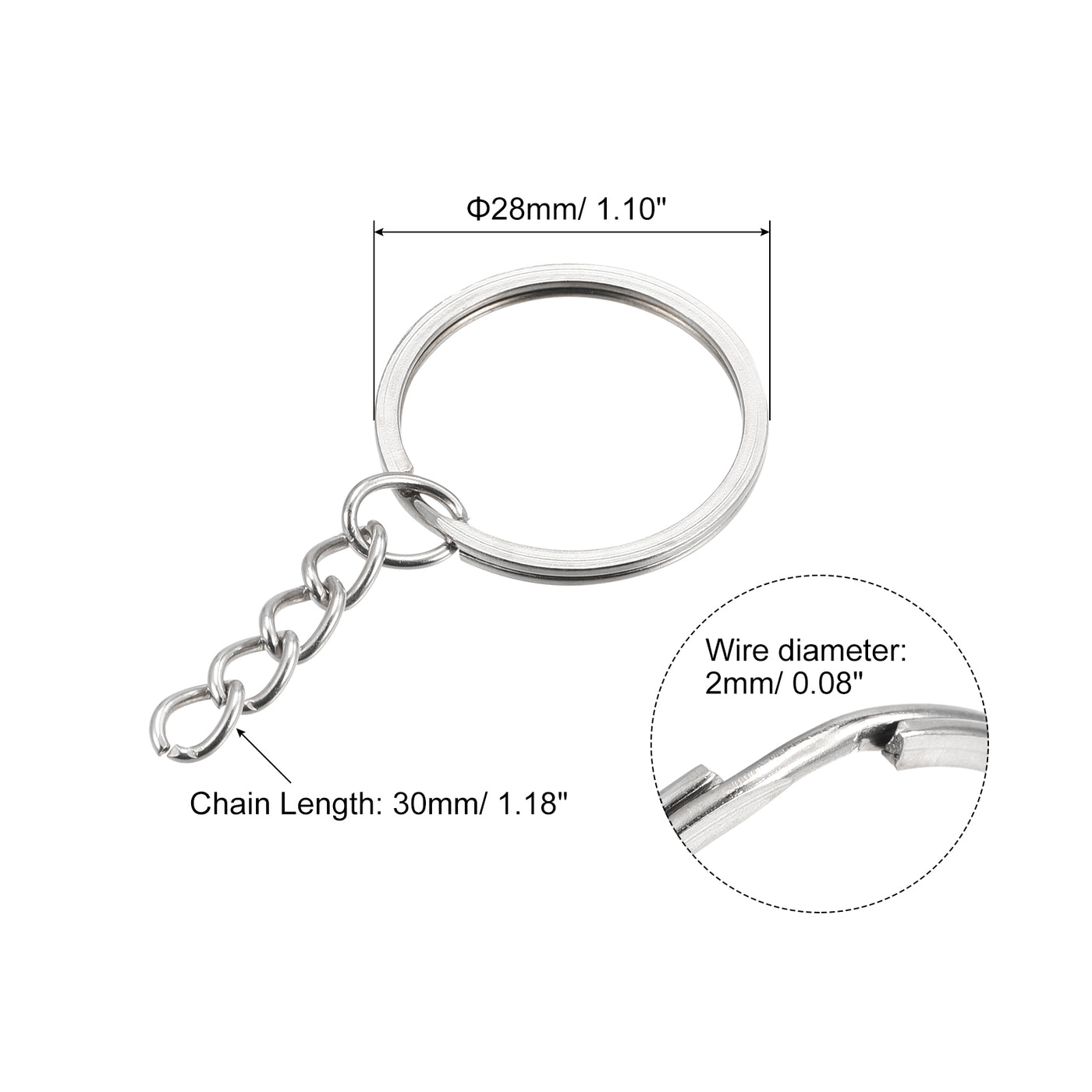 uxcell Uxcell 12Stk. Schlüsselanhänger Ring 2x27mm Rund flach mit Kette vernickelt Silberton