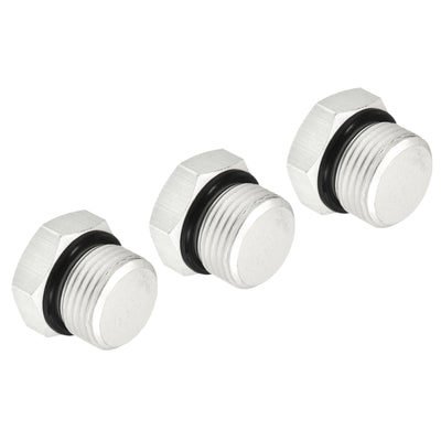 Harfington G3/8 Male Thread Hex Head Pipe Plug, 3 Pack Aluminum Nut Cap Socket Hose Fitting Adapter Connector for Water Fuel Gas Tube, Silver