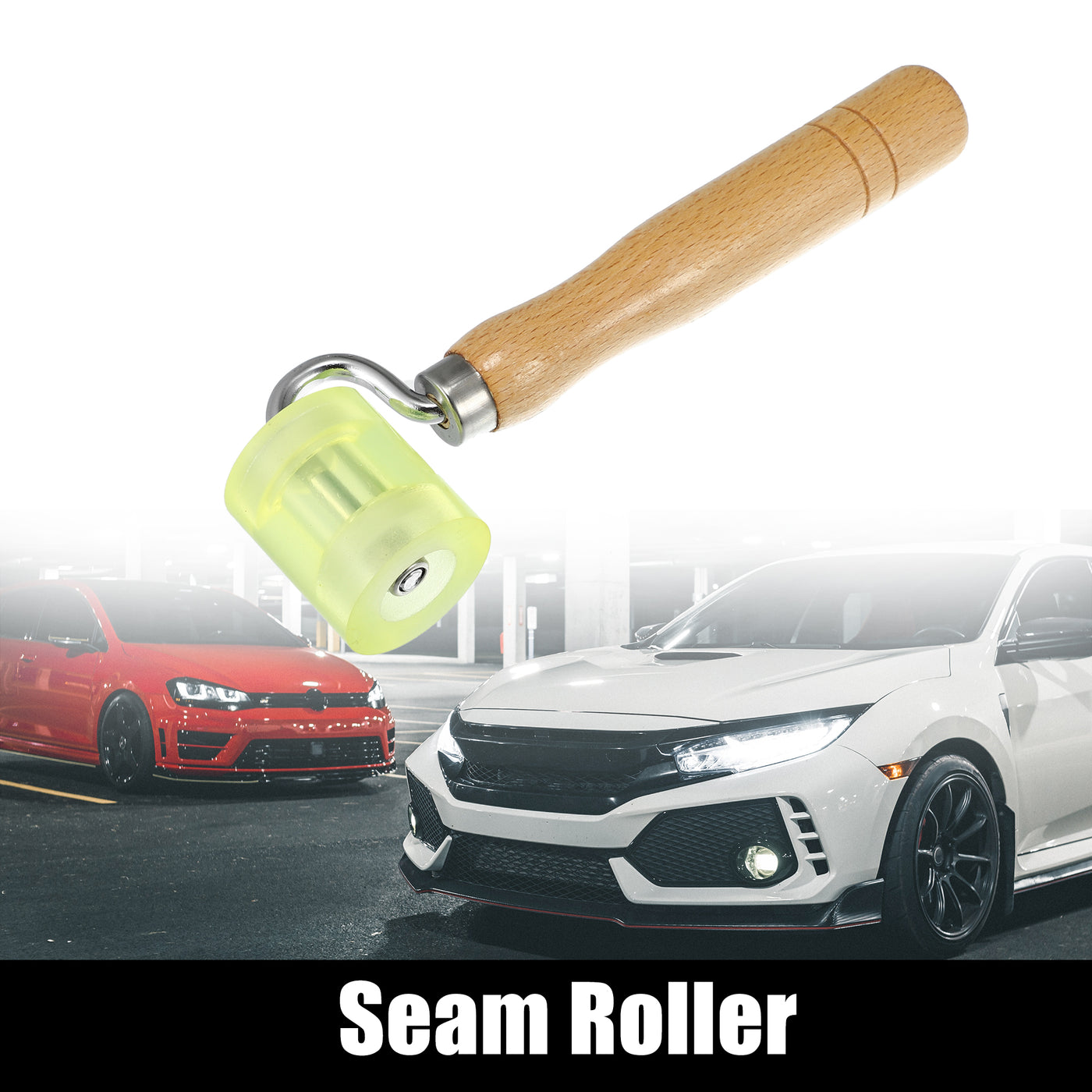 X AUTOHAUX 1pcs Seam Roller Wallpaper Car Audio Sound Deadening Application Roller Tool for Auto Noise Wheel Hand Pressure Roller PU Wooden Handle