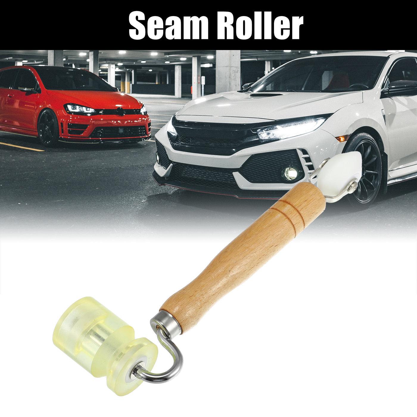 X AUTOHAUX 1pcs Seam Roller Wallpaper Car Audio Sound Deadening Application Roller Tool for Auto Noise Wheel Hand Pressure Roller PU Wooden Handle