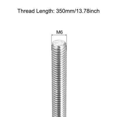 Harfington Fully Threaded Rod M6 x 350mm 1mm Pitch 304 Stainless Steel Right Hand