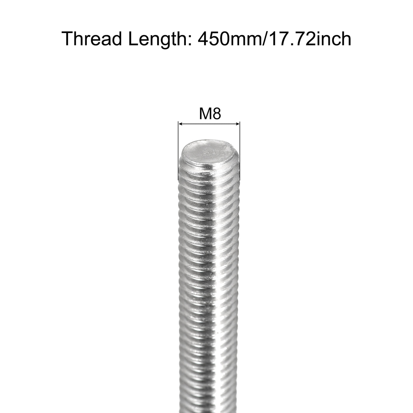 Harfington Fully Threaded Rod M8 x 450mm 1.25mm Pitch 304 Stainless Steel Right Hand