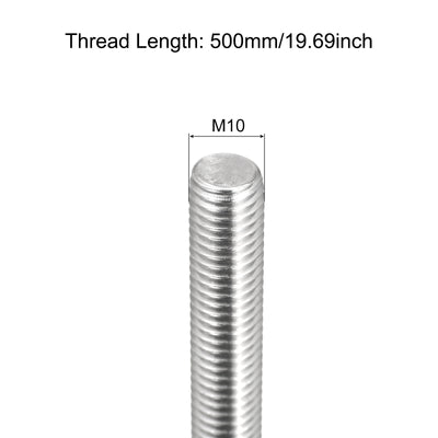 Harfington Fully Threaded Rod M10 x 500mm 1.5mm Pitch 304 Stainless Steel Right Hand