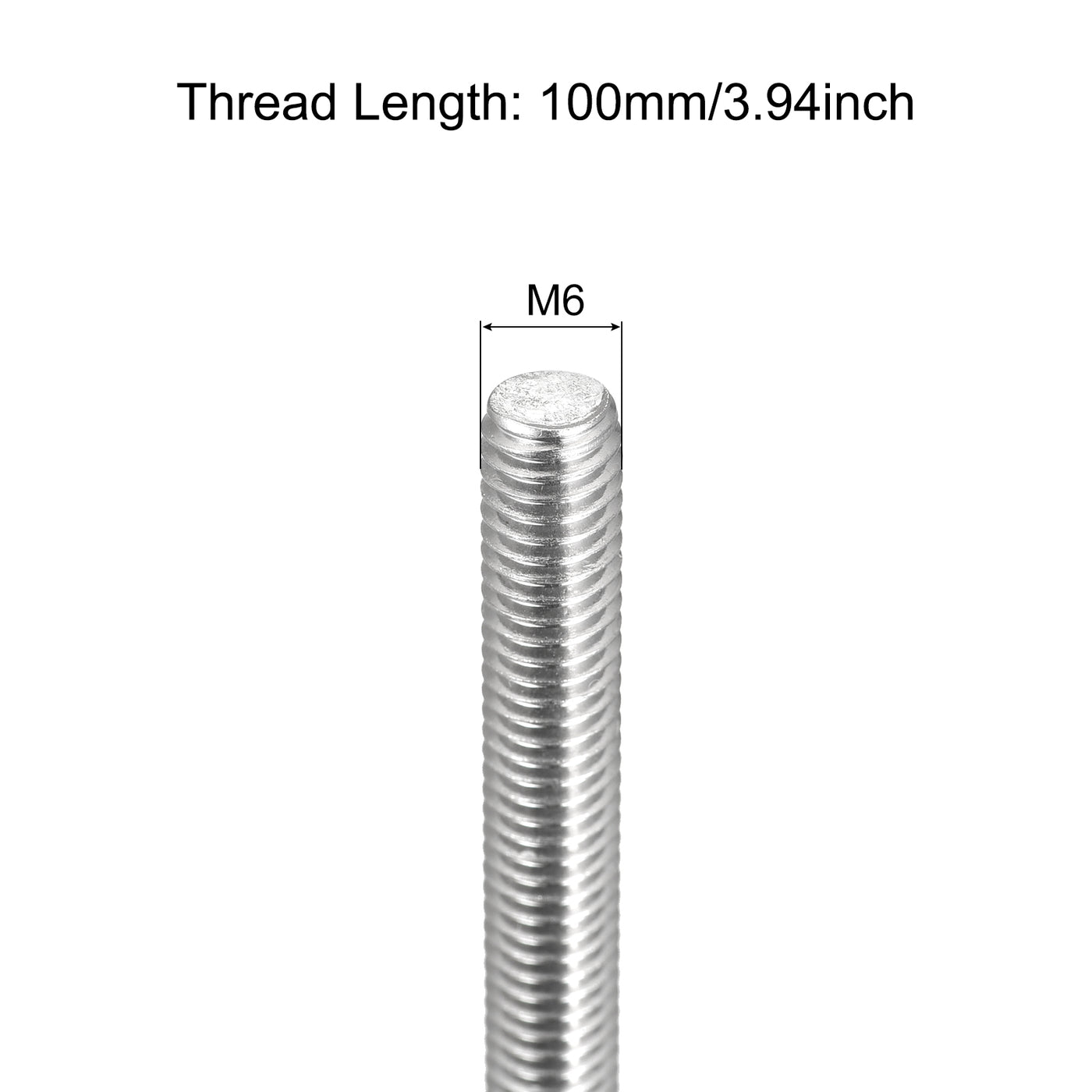 Harfington Fully Threaded Rod M6 x 100mm 1mm Pitch 304 Stainless Steel Right Hand 2 Pcs