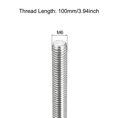 Harfington Fully Threaded Rod M6 x 100mm 1mm Pitch 304 Stainless Steel Right Hand 2 Pcs