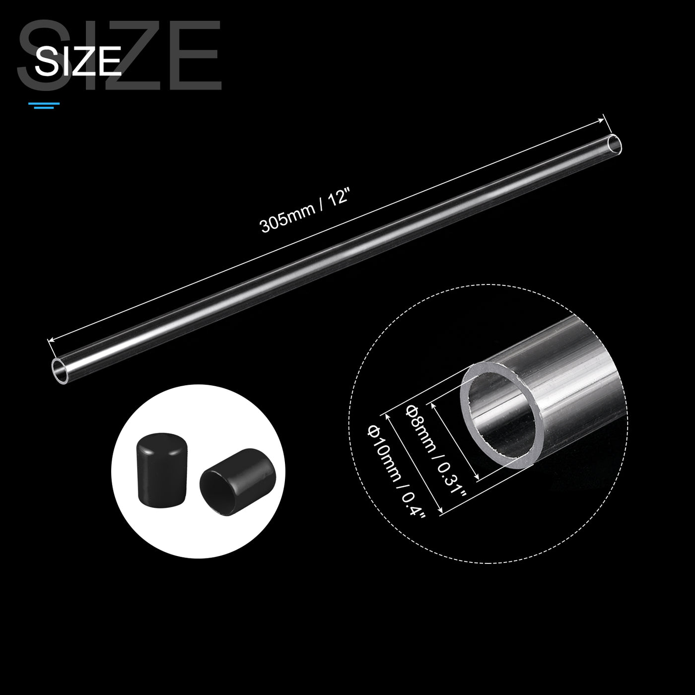 Harfington Clear Rigid Tube Round Plastic Tubing with Black Rubber Caps Polycarbonate Water Pipe, 305mm/ 12 Inch Length, 8mmx10mm/0.31"x0.4", 2 Set