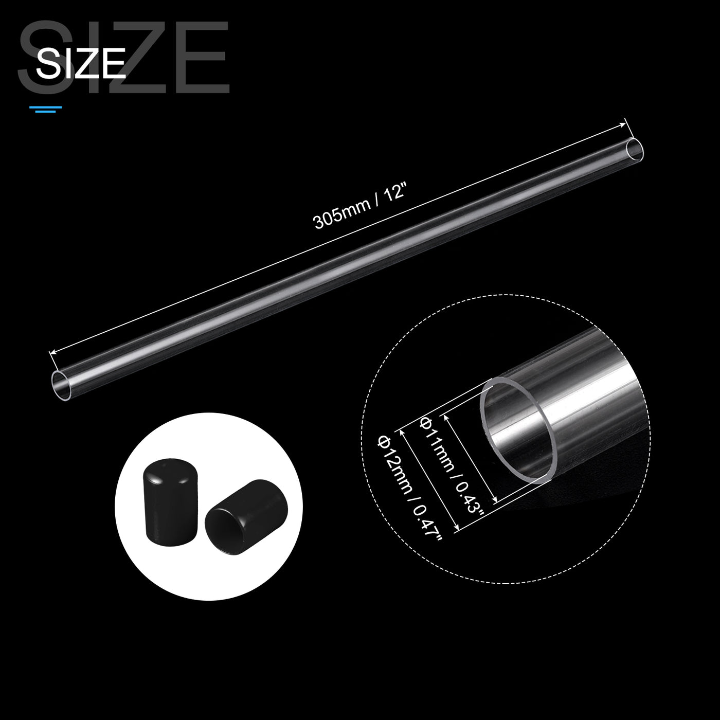 Harfington Clear Rigid Tube Round Plastic Tubing with Black Rubber Caps Polycarbonate Water Pipe, 305mm/ 12 Inch Length, 11mmx12mm/0.43"x0.47", 2 Set