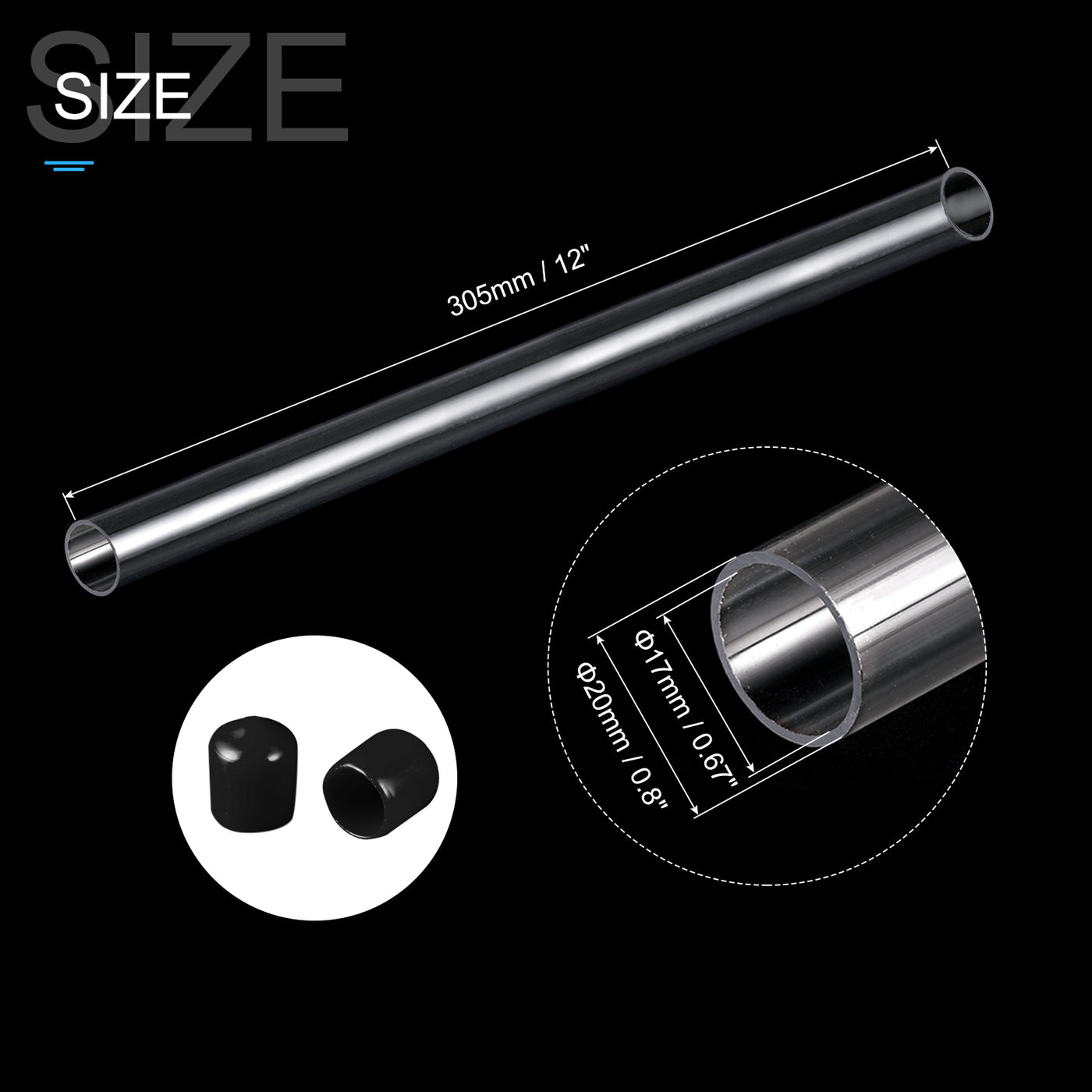 Harfington Clear Rigid Tube Round Plastic Tubing with Black Rubber Caps Polycarbonate Water Pipe, 305mm/ 12 Inch Length, 17mmx20mm/0.67"x0.8", 1 Set