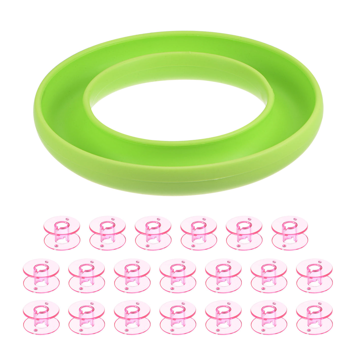 Harfington Silicone Bobbin Ring Holder and 20 Plastic Bobbins Set, Green/Pink