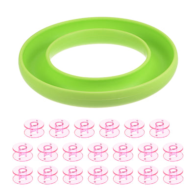 Harfington Silicone Bobbin Ring Holder and 20 Plastic Bobbins Set, Green/Pink