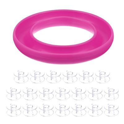 Harfington Silicone Bobbin Ring Holder and 20 Plastic Bobbins Set, Rose Red & Transparent