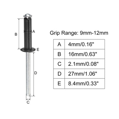 Harfington Uxcell Aluminum Blind Rivets, 4mm x 16mm Open End Flat Round Head Rivet, Black 50 Pcs