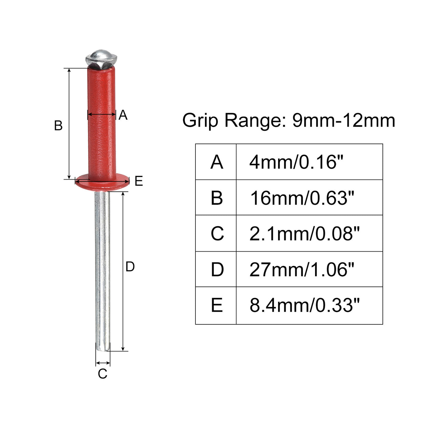 uxcell Uxcell Aluminum Blind Rivets, 4mm x 16mm x 27mm Open End Flat Head Rivet, Red 100Pcs