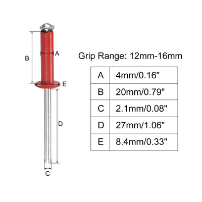 Harfington Uxcell Aluminum Blind Rivets, 4mm x 20mm Open End Flat Round Head Rivet, Red 25 Pcs