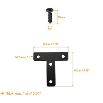 Harfington T Shape Bracket, 60x60x1mm Carbon Steel Mending Plates for Joint Fastener with Mounting Screws Black 8Pcs