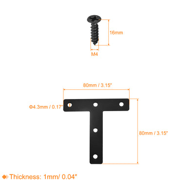 Harfington T Shape Bracket, 80x80x1mm Carbon Steel Mending Plates for Joint Fastener with Mounting Screws Black 8Pcs