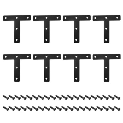 Harfington T Shape Bracket, 80x80x1mm Carbon Steel Mending Plates for Joint Fastener with Mounting Screws Black 8Pcs