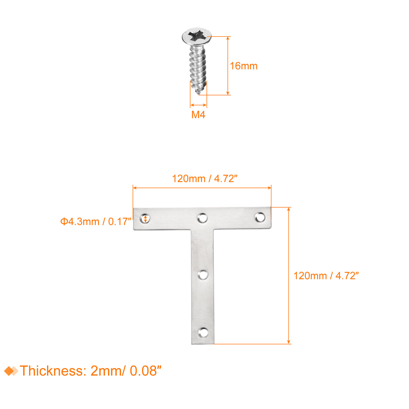 Harfington T Shape Bracket, 120x120x2mm Stainless Steel Mending Plates for Joint Fastener with Mounting Screws Silver Tone 2Pcs