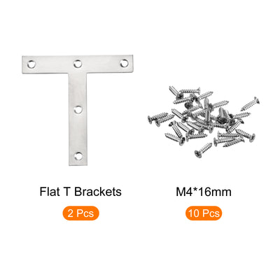 Harfington T Shape Bracket, 120x120x2mm Stainless Steel Mending Plates for Joint Fastener with Mounting Screws Silver Tone 2Pcs