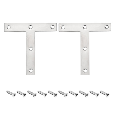 Harfington T Shape Bracket, 120x120x2mm Stainless Steel Mending Plates for Joint Fastener with Mounting Screws Silver Tone 2Pcs