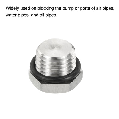 Harfington 1/4 NPT Male Plug, 1 Pack Waterproof Dustproof 304 Stainless Steel Thread Hex Head Socket Solid Pipe Fitting with Sealing Rubber Ring