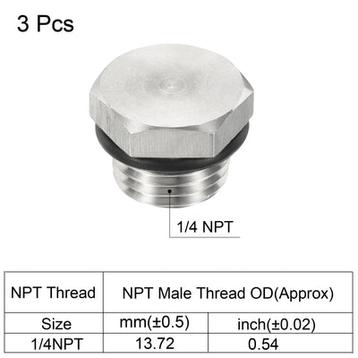 Harfington 1/4 NPT Male Plug, 3 Pack Waterproof Dustproof 304 Stainless Steel Thread Hex Head Socket Solid Pipe Fitting with Sealing Rubber Ring