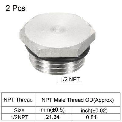 Harfington 1/2 NPT Male Plug, 2 Pack Waterproof Dustproof 304 Stainless Steel Thread Hex Head Socket Solid Pipe Fitting with Sealing Rubber Ring