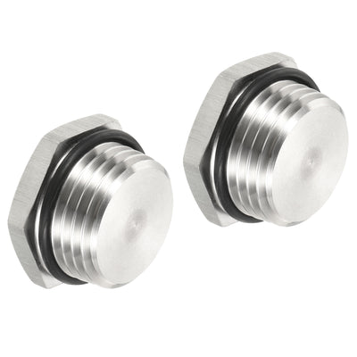 Harfington 1/2 NPT Male Plug, 2 Pack Waterproof Dustproof 304 Stainless Steel Thread Hex Head Socket Solid Pipe Fitting with Sealing Rubber Ring