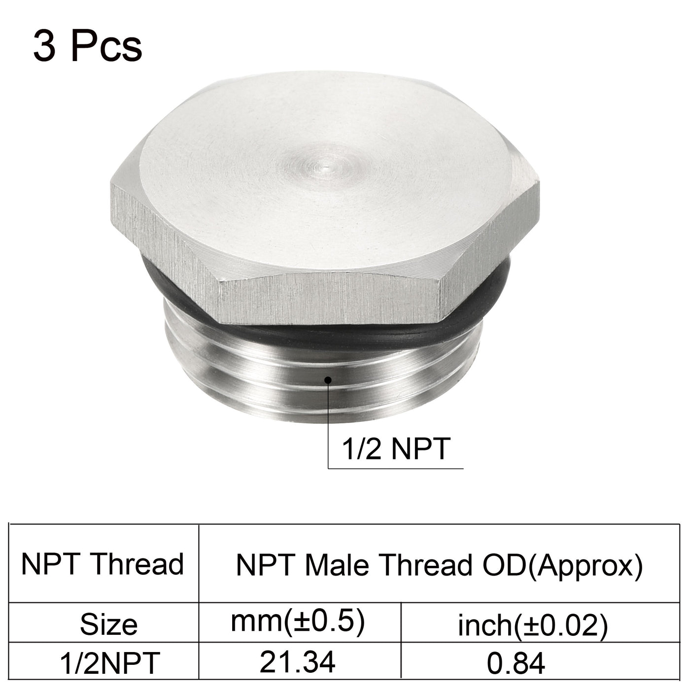 Harfington 1/2 NPT Male Plug, 3 Pack Waterproof Dustproof 304 Stainless Steel Thread Hex Head Socket Solid Pipe Fitting with Sealing Rubber Ring