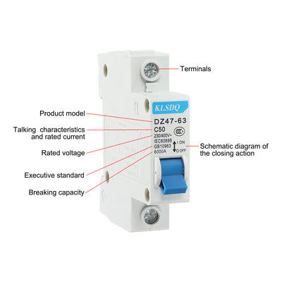 Harfington Leitungsschutzschalter Niederspannung AC 50A 230/400V 1 polig DIN DZ47-63 C50