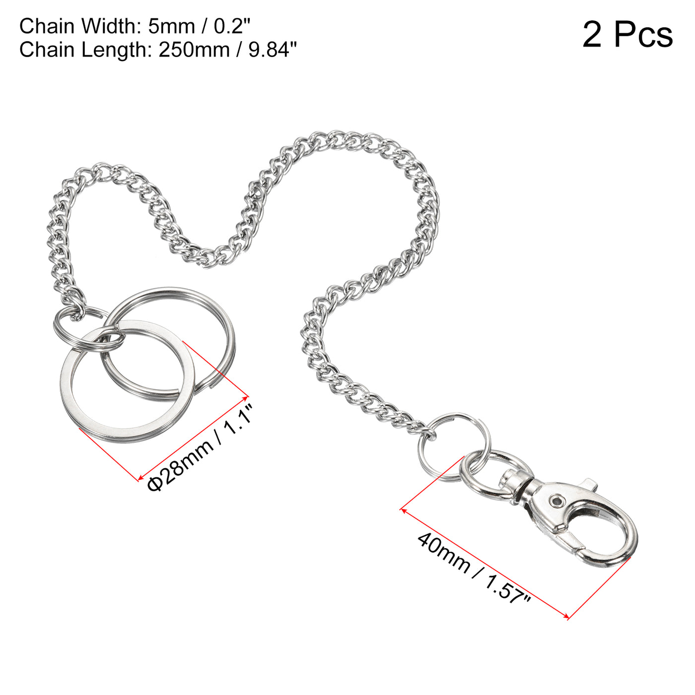 Harfington Keychain with Keyrings Lobster Clasp 10", 2 Pack 304 Stainless Steel Clip for Jeans Pants Belt Loop Pocket Wallet Handbag, Silver