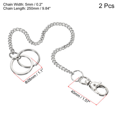 Harfington Keychain with Keyrings Lobster Clasp 10", 2 Pack 304 Stainless Steel Clip for Jeans Pants Belt Loop Pocket Wallet Handbag, Silver