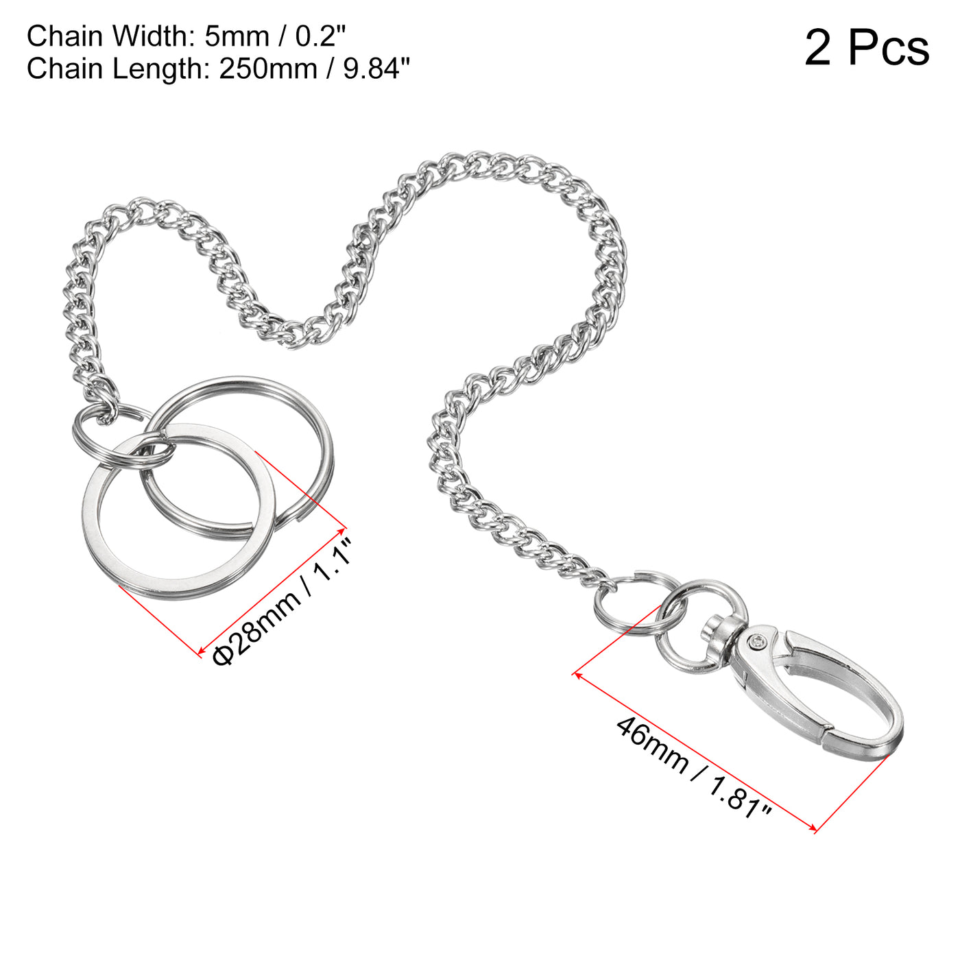 Harfington Keychain with Keyrings Clasp 10", 2 Pack 304 Stainless Steel Clip for Jeans Pants Belt Loop Pocket Wallet Purse Handbag, Silver