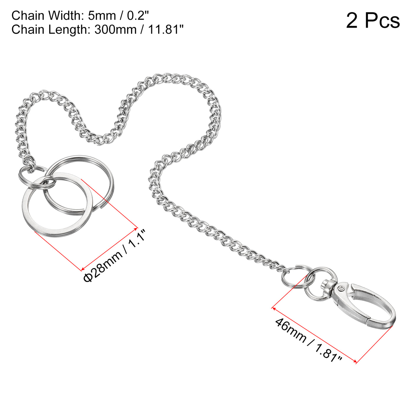 Harfington Keychain with Keyrings Clasp 12", 2 Pack 304 Stainless Steel Clip for Jeans Pants Belt Loop Pocket Wallet Purse Handbag, Silver