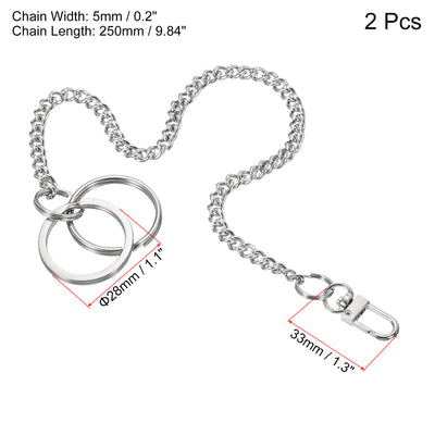 Harfington Keychain with Keyrings Hook Clasp 10 Inch, 2 Pack 304 Stainless Steel Clip for Jeans Pants Belt Loop Pocket Wallet Purse Handbag, Silver