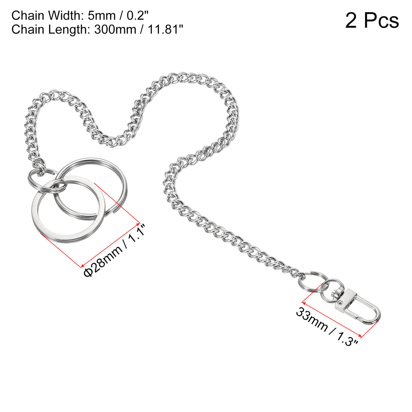 Harfington Keychain with Keyrings Hook Clasp 12 Inch, 2 Pack 304 Stainless Steel Clip for Jeans Pants Belt Loop Pocket Wallet Purse Handbag, Silver