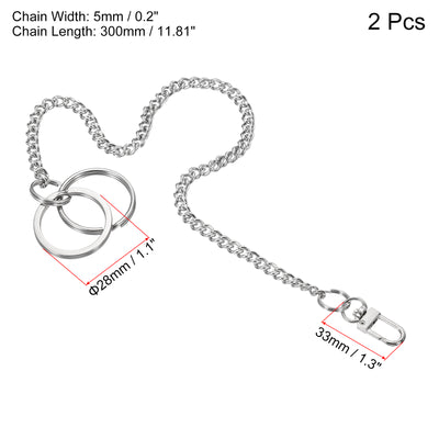 Harfington Keychain with Keyrings Hook Clasp 12 Inch, 2 Pack 304 Stainless Steel Clip for Jeans Pants Belt Loop Pocket Wallet Purse Handbag, Silver