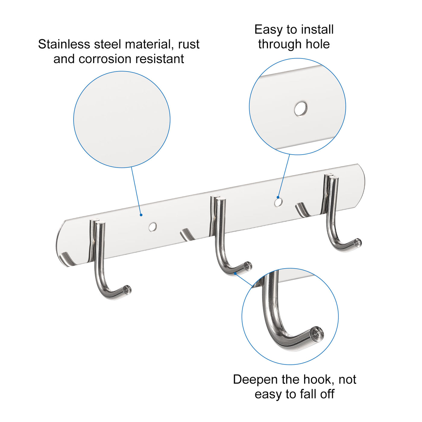 uxcell Uxcell Coat Hook Rack, 201 Stainless Steel Polished Wall Mounted with 3 Hooks Hook Rail Wall Hangers for Bedroom, Bathroom 2Pcs