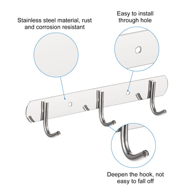 Harfington Uxcell Coat Hook Rack, 201 Stainless Steel Polished Wall Mounted with 3 Hooks Hook Rail Wall Hangers for Bedroom, Bathroom 2Pcs