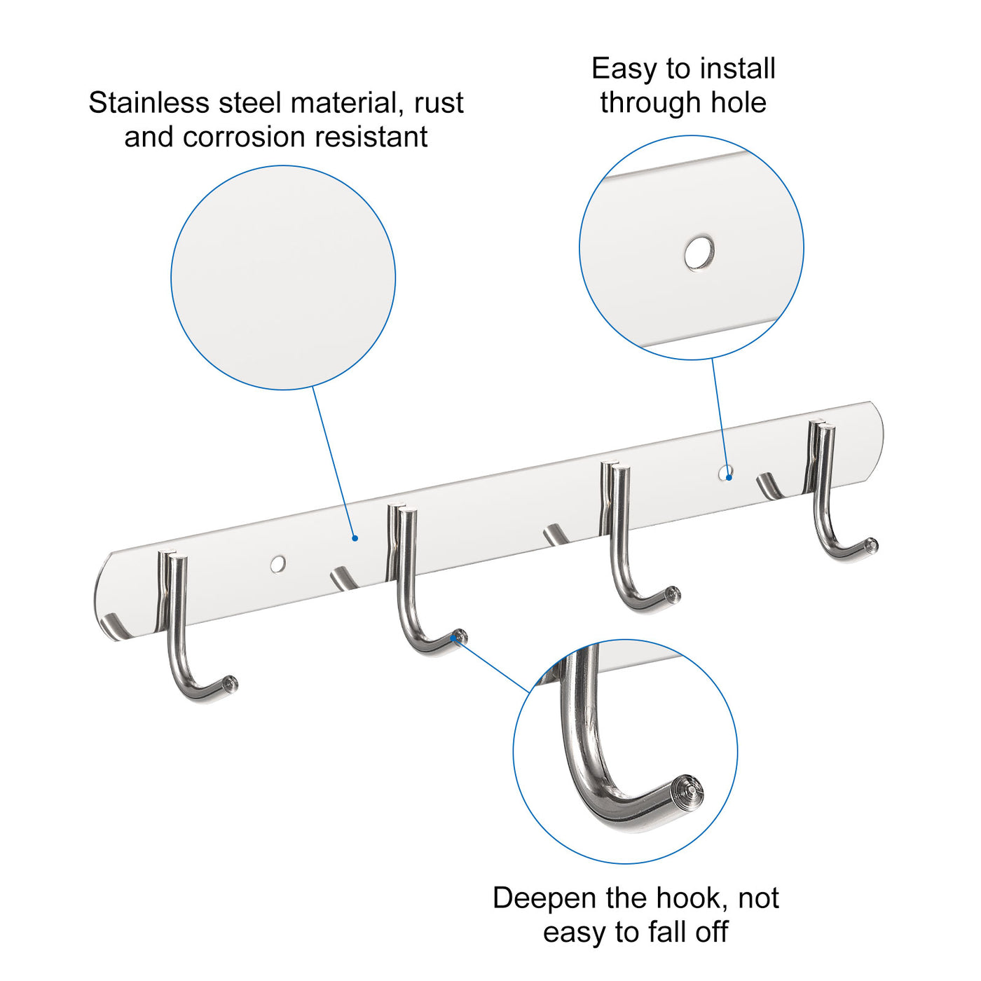 uxcell Uxcell Coat Hook Rack, 201 Stainless Steel Polished Wall Mounted with 4 Hooks Hook Rail Wall Hangers for Bedroom, Bathroom 2Pcs