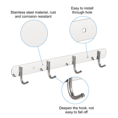 Harfington Uxcell Coat Hook Rack, 201 Stainless Steel Polished Wall Mounted with 4 Hooks Hook Rail Wall Hangers for Bedroom, Bathroom 2Pcs