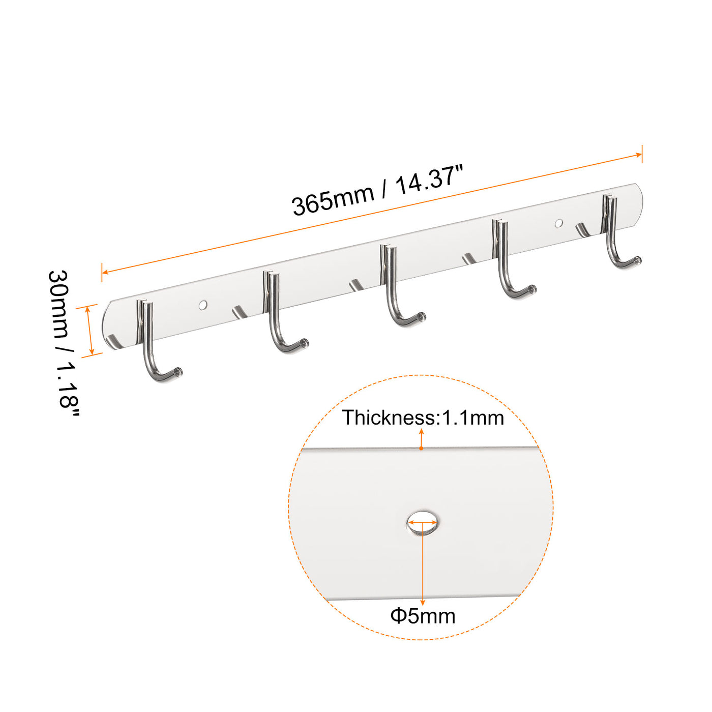 uxcell Uxcell Coat Hook Rack, 201 Stainless Steel Polished Wall Mounted with 5 Hooks Hook Rail Wall Hangers for Bedroom, Bathroom 2Pcs