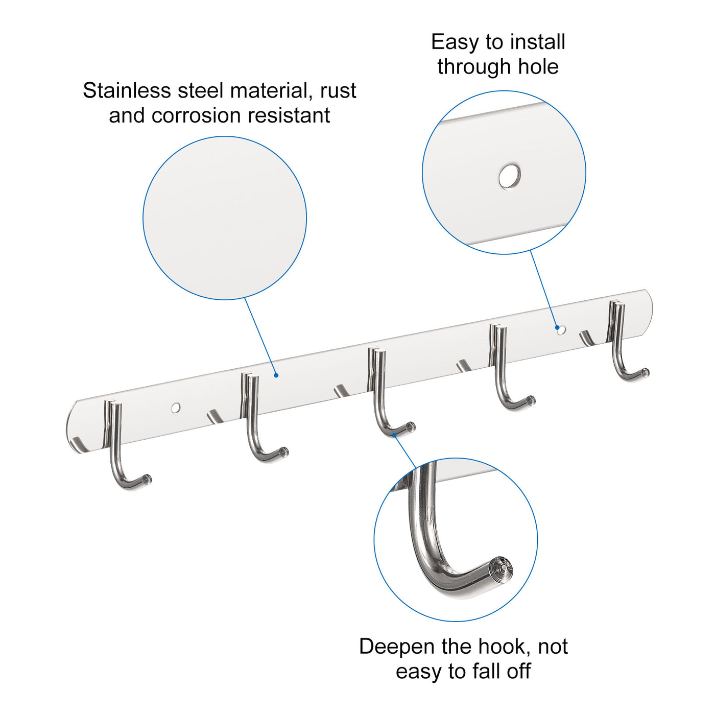 uxcell Uxcell Coat Hook Rack, 201 Stainless Steel Polished Wall Mounted with 5 Hooks Hook Rail Wall Hangers for Bedroom, Bathroom 2Pcs